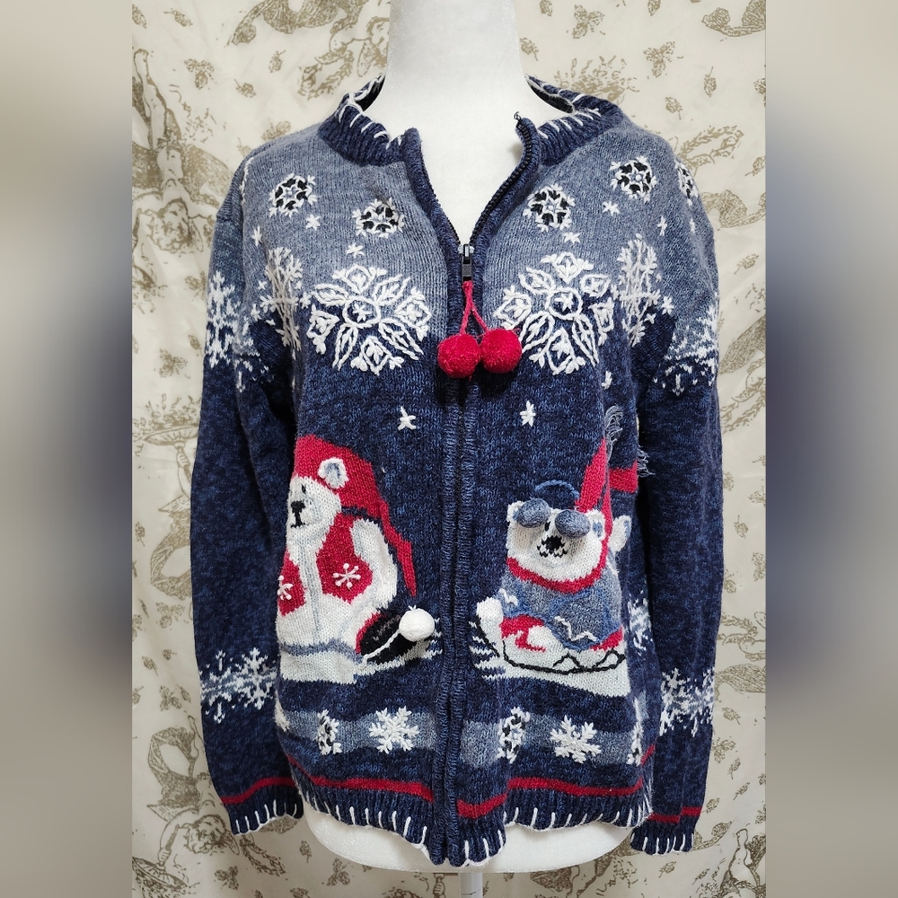 Vintage  Embroidered Winter Bears Knit Sweater Full Zip S